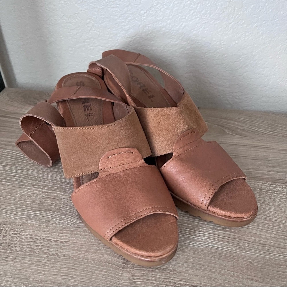 Women’s 9.5 Sorel After Hours Sandal Comfy Wedge in Camel Brown Leather - Picture 7 of 16